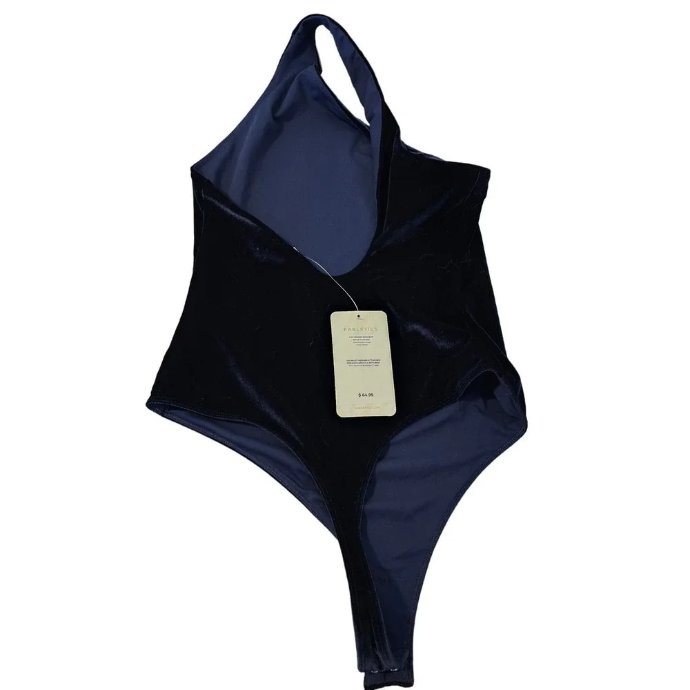 Fabletics Gigi Velour Bodysuit Bodysuit Medium Blue One Shoulder Snap Closure